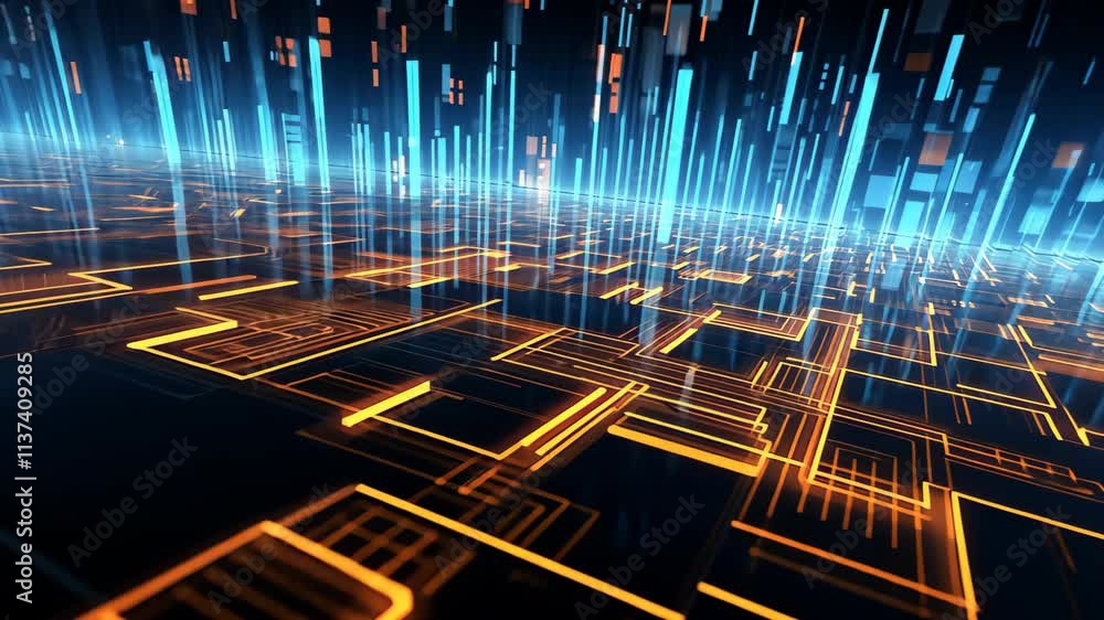 Poster Illuminated digital landscape showcasing abstract data patterns and vibrant colors during high-tech visualization