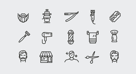 Barbershop and grooming icons. 15 barbershop and grooming trendy minimal icons. Barber Pole, Beard, Razor icon. Design signs for web page, mobile app, packaging design. Vector illustration