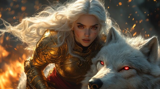 Fierce female warrior in golden armor with white direwolf, amidst fire.