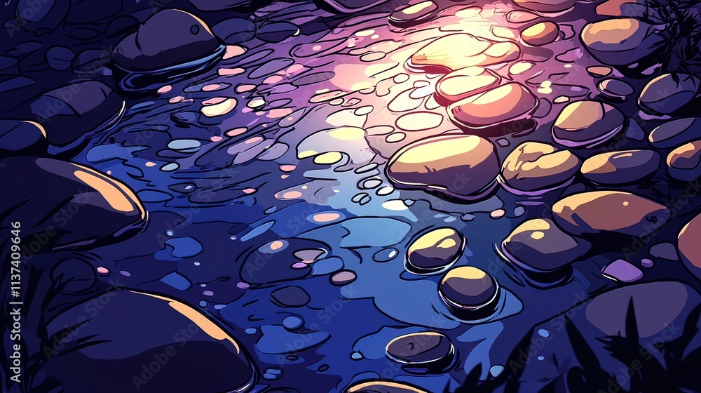 Poster sunlit stream flowing over smooth rocks at dusk.