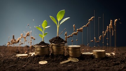 Growth of Money Represented by Plants Sprouting From Stacks of Coins With a Financial Graph Background
