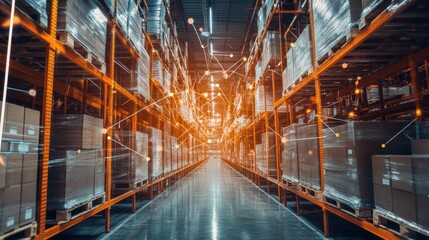 Fototapeta premium A modern warehouse filled with pallets and illuminated pathways.