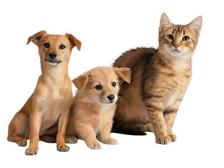 Obraz premium A cat sitting with two puppies on white background