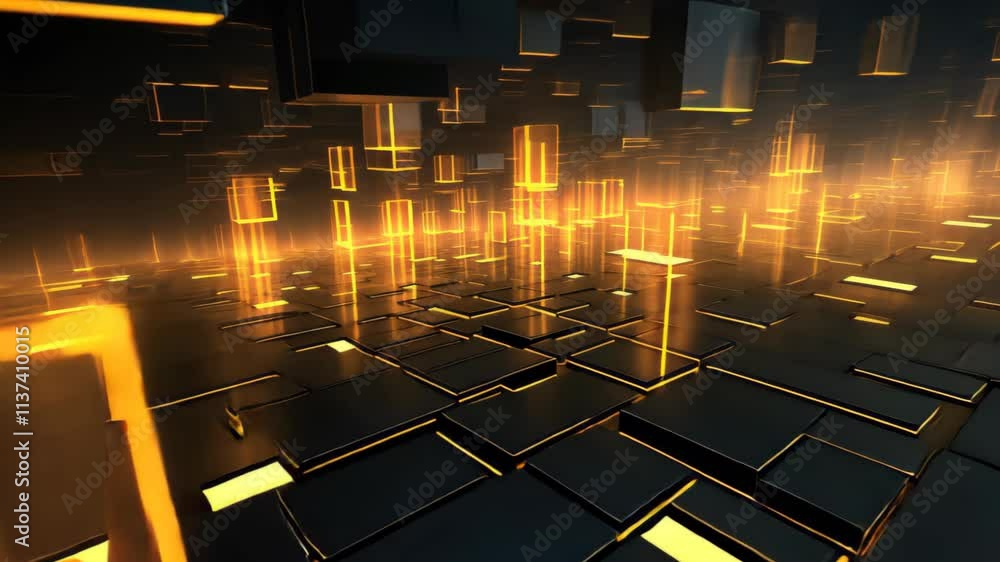 Poster Dynamic patterns and glowing blocks create an abstract visual experience in a tech-inspired environment at night