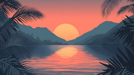 Serene Sunset Landscape Tranquil Ocean View with Silhouetted Palm Trees and Mountains,Ideal for Travel Brochures,Postcards