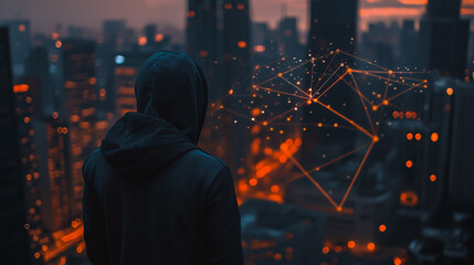 Hacker are planning to hack and attack networks and cyber security , innovative Smart city and graphs with statistics to analyze business potential and predict future developments in company growth.