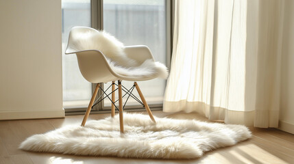 Cozy armchair with fluffy rug in modern living space