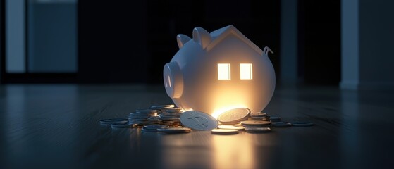Piggy bank with glowing coins spilling into a family house symbolizing the transformation of savings into tangible returns