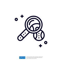 A simple line drawing of a magnifying glass over a circular object, symbolizing investigation or analysis.