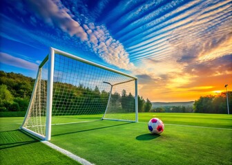 Architectural Photography of a Modern Soccer Goal Surrounded by Lush Green Grass and a Vibrant Soccer Ball, Perfect for Sports Theme and Stadium Design Concepts