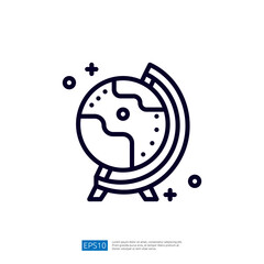 A simple line drawing of a globe on a stand, representing the Earth and its continents, often used for educational or decorative purposes.