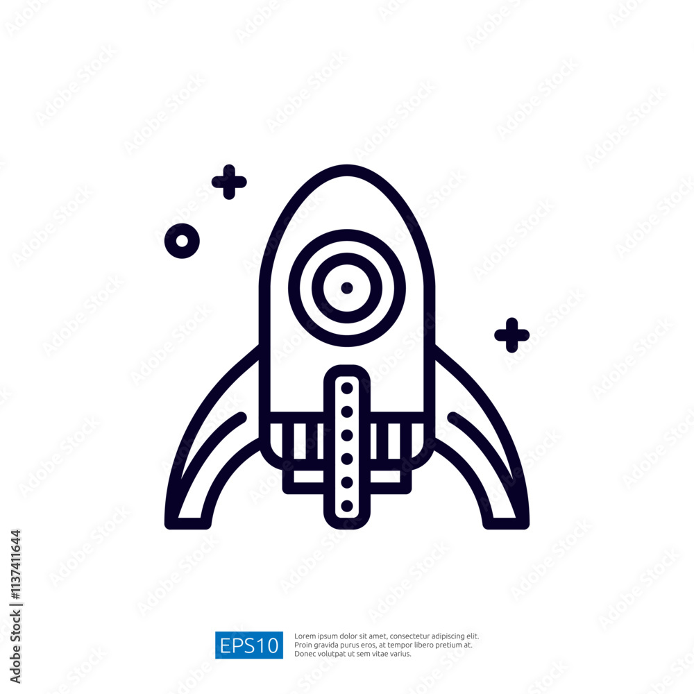 Poster a simple line drawing of a rocket ship with a circular window and fins, set against a minimalistic b