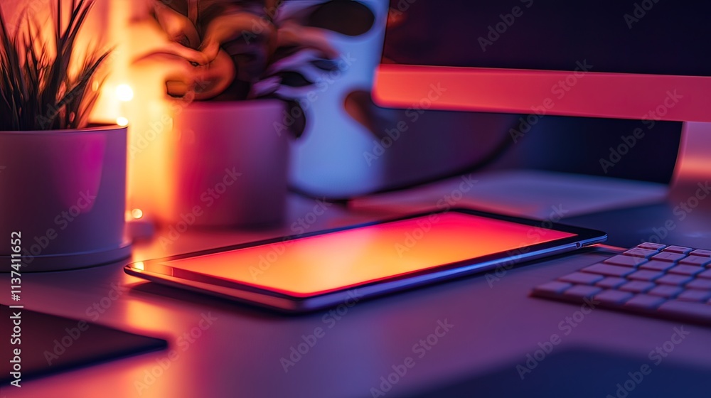 Aufkleber tablet computer on desk with plants and keyboard, illuminated by warm and cool lighting.