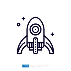 A simple line drawing of a rocket ship with a circular window and fins, set against a minimalistic background with stars, representing exploration and adventure.