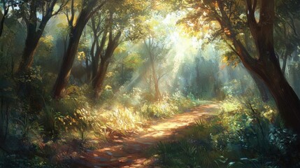 A serene forest path illuminated by soft sunlight and lush greenery.
