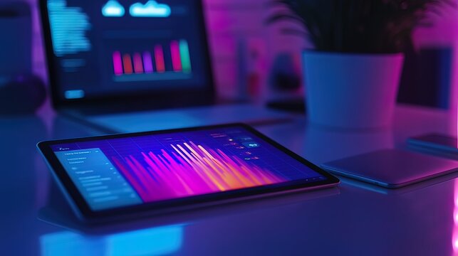 Tablet displaying colorful data charts on a desk with a laptop and plant in a vibrant, neon-lit workspace.