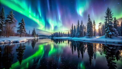 Arctic Aurora Borealis Reflection, Minimalist Winter Wonderland, Northern Lights, Tree Silhouette, Water Loop