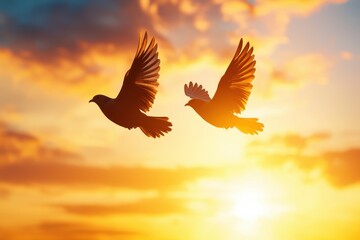 Obraz premium Two birds flying side by side against a glowing sunset symbolizing connection partnership and freedom in relationships