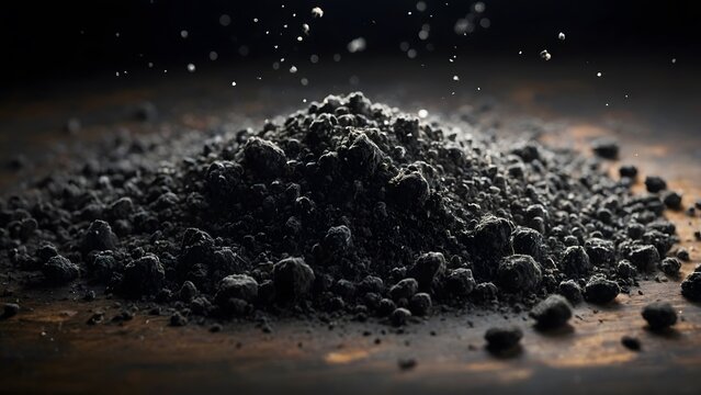 Dark Powder Rests on a Wooden Surface With Particles Suspended in the Air From Disturbance