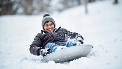 Enjoying a thrilling slide down the snowy hill in winter with a sled