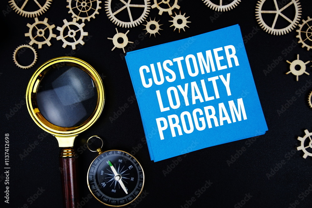 Poster customer loyalty program text message on sticky note with magnifying glass and compass on black back