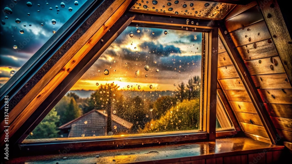 Poster a serene attic scene with ajar roof window and raindrops distorting the view, capturing the essence 