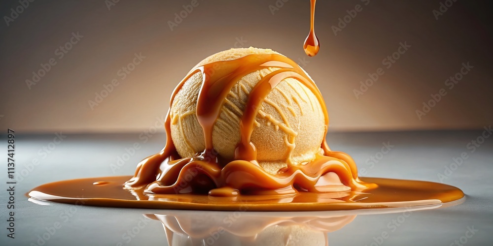 Aufkleber a scoop of melting caramel ice cream dripping deliciously on a clear surface, perfect for sweet trea