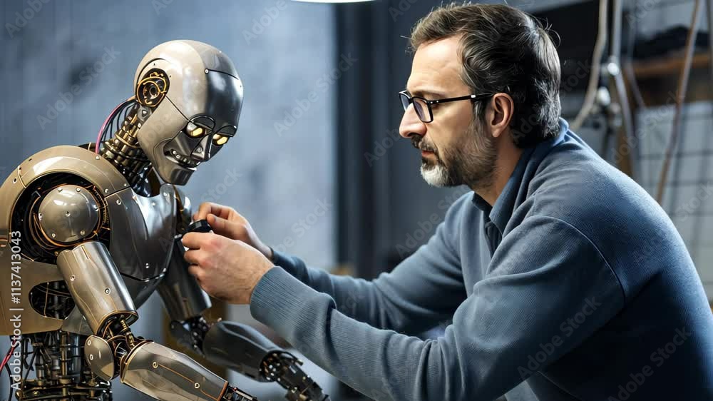 Leinwandbilder engineer performs maintenance on humanoid robot in high-tech workshop environment