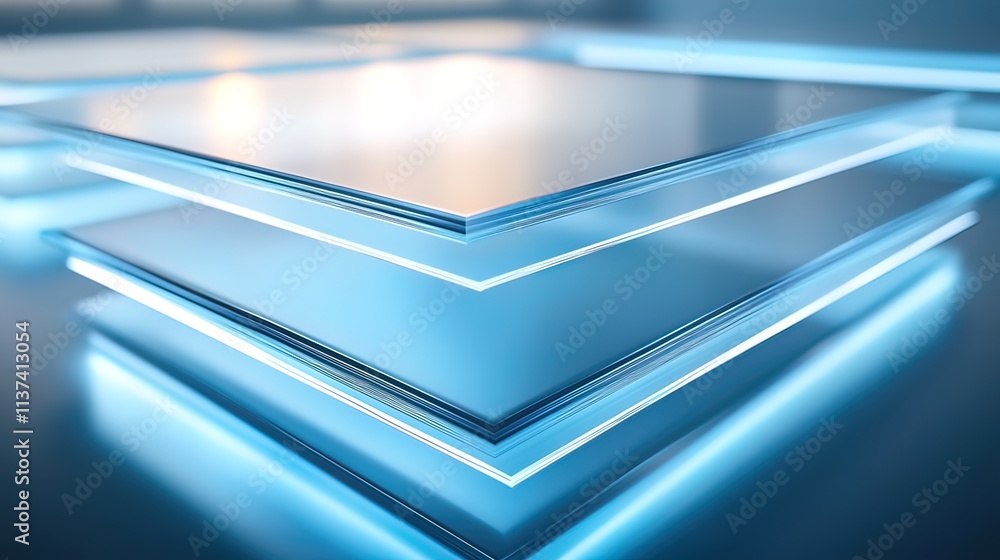 Poster two translucent glass squares stacked, illuminated from below, showcasing transparency and clean lin