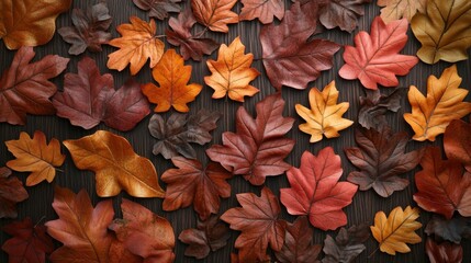 Fototapeta premium Autumn leaves arranged on dark wood background, flatlay textured background..