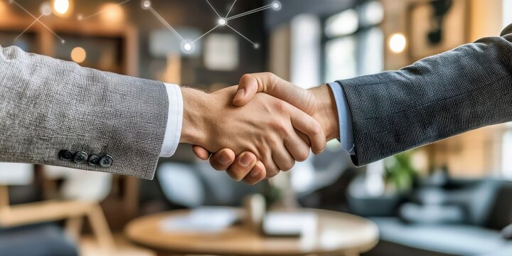 Corporate handshake signifies business success. Professional partnership equals team agreement. Negotiation background, formal style, potential deal context. Men in suits embody collaboration and
