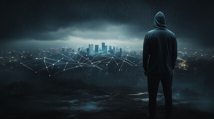 Hacker are planning to hack and attack networks and cyber security , innovative Smart city and graphs with statistics to analyze business potential and predict future developments in company growth.