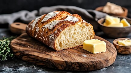 A loaf of fresh bread on a wooden cutting board with a pat of butter.