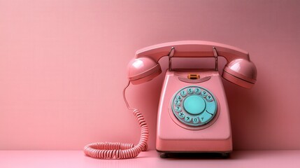 Vintage Pink Telephone on a Soft Pink Background Evoking Nostalgia and Retro Charm in a Stylish...