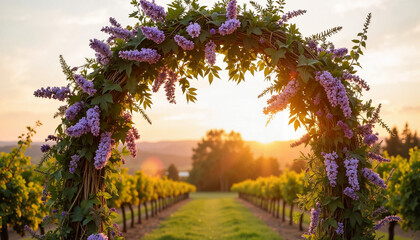 Fototapeta premium Charming floral arch with purple flowers at sunset in a beautiful vineyard for wedding decoration