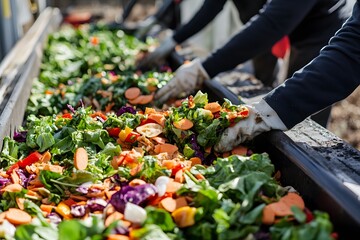 Photo: Workers sorting food waste, illustration of composting process
