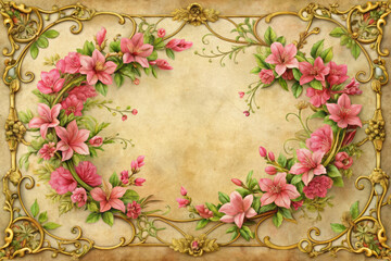 Vintage style floral background with pink flowers and ornate gold border.Old shabby sepia colored Victorian style background for romantic or feminine designs.