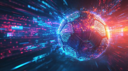 A glowing, digital soccer ball in a futuristic, digital space.