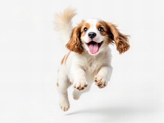 Fototapeta premium Playful Cavalier King Charles Spaniel Puppy Jumping, Happy Dog with Floppy Ears, Joyful Pet Expression, Perfect for Pet Care, Animal Lovers, and Veterinary Content