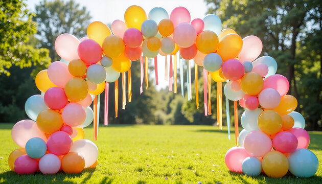 Colorful balloon arch with vibrant balloons and ribbons in a sunny park for festive wedding decoration