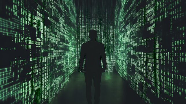 Silhouette of a person standing in front of a binary code background,perfect for illustrating concepts related to programming,technology