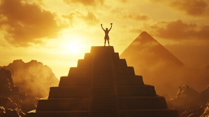triumphant silhouette atop pyramidal steps, golden sunset backdrop, mountain range horizon, victory pose with trophy, cinematic atmosphere, dramatic backlight, inspirational achievement scene