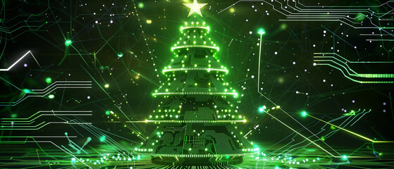 A unique Christmas tree design made of glowing green circuit boards, with an illuminated star atop and tiny LED decorations.