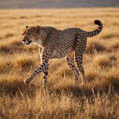Naklejka premium A cheetah stalking its prey in a golden savannah field, set against a radiant white backdrop.