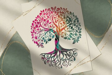 Colorful Tree of Life Illustration with Intricate Branches and Roots on Artistic Background