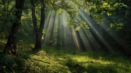 High-end photography of a lush green forest with sunlight streaming through the trees creating beautiful rays