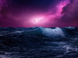 Naklejka premium Moonlit ocean waves under a vibrant starlit sky symbolizing serenity balance and the harmony of nature and the cosmos