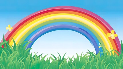 Vibrant rainbow arching over lush green grass with yellow butterflies.