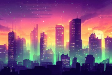 A vibrant city skyline at sunset, showcasing colorful lights and buildings.