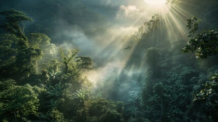 Obraz premium High-end photography of a misty morning in a dense forest, with sunlight breaking through the fog
